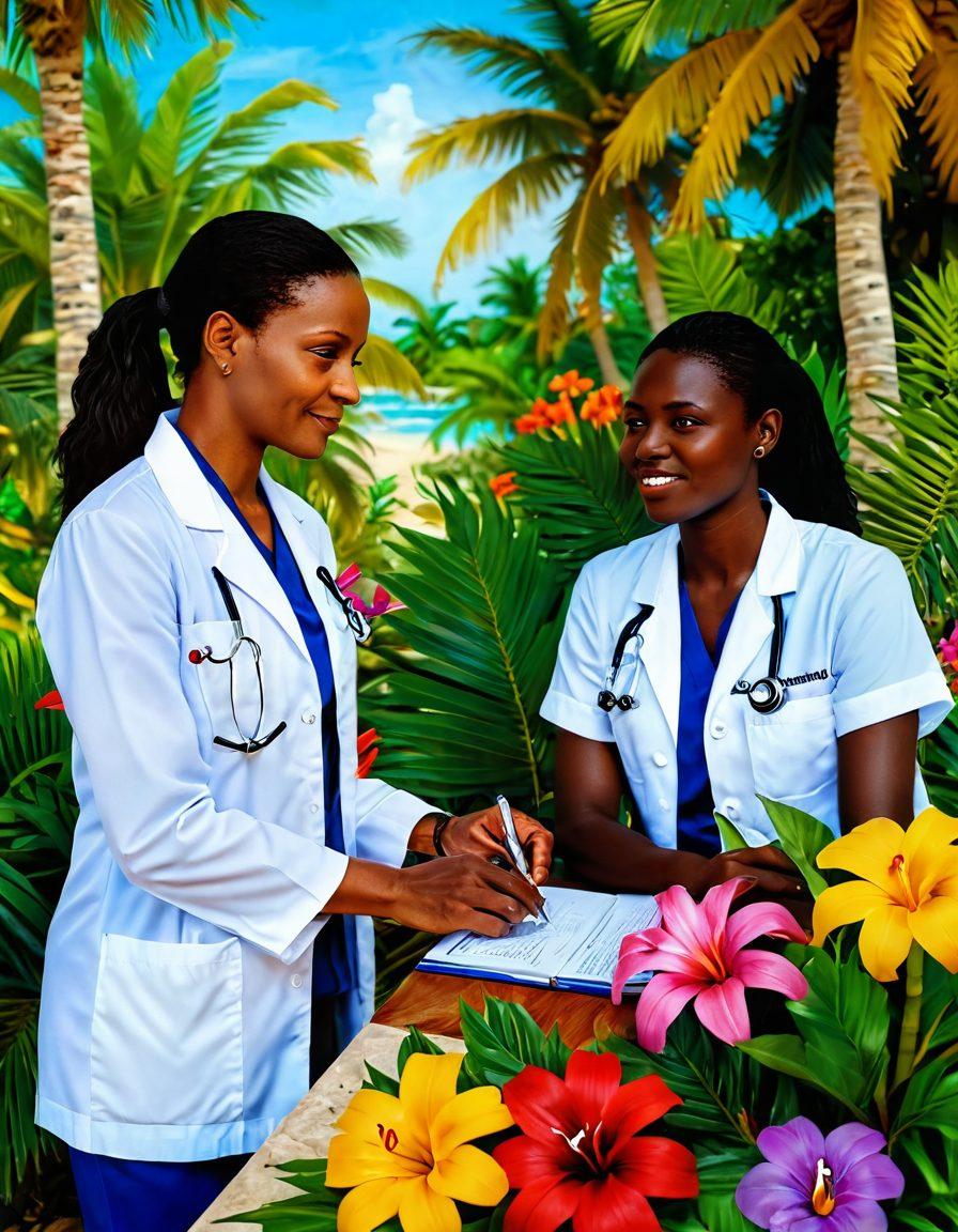 A compassionate oncologist discussing treatment options with a Haitian patient, surrounded by vibrant tropical elements representing Haiti, such as palm trees and colorful flowers. Include visual symbols of wellness, like a stethoscope and herbal remedies, to depict holistic care. The scene should radiate warmth and support, showcasing cultural sensitivity and insight. 3D realism. vibrant colors.