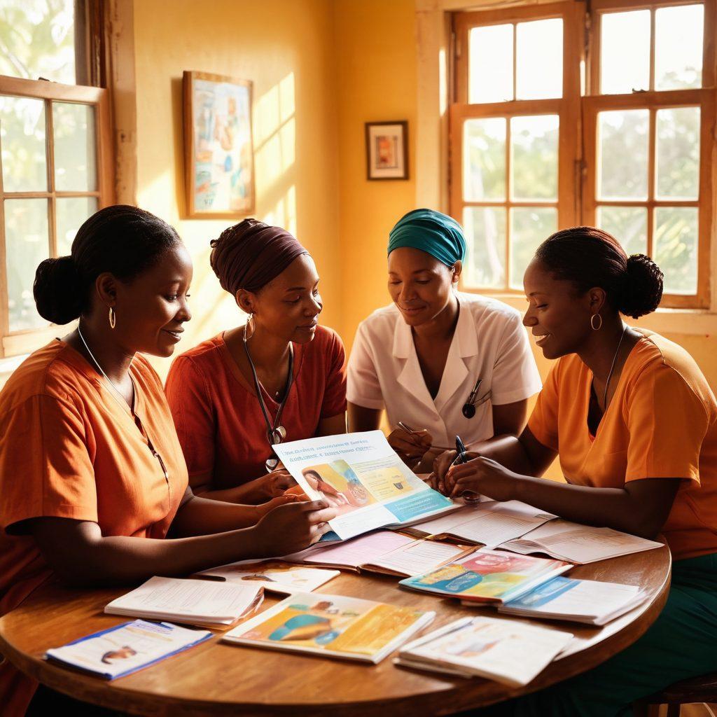 A warm, inviting scene depicting a Haitian family gathering around a table filled with resources on cancer care, including booklets, pamphlets, and supportive hands. In the background, vibrant Haitian art and a soft, golden sunlight filtering through a window create a hopeful atmosphere. Include elements symbolizing healthcare and unity, such as a stethoscope and comforting gestures. super-realistic. vibrant colors. warm tones.