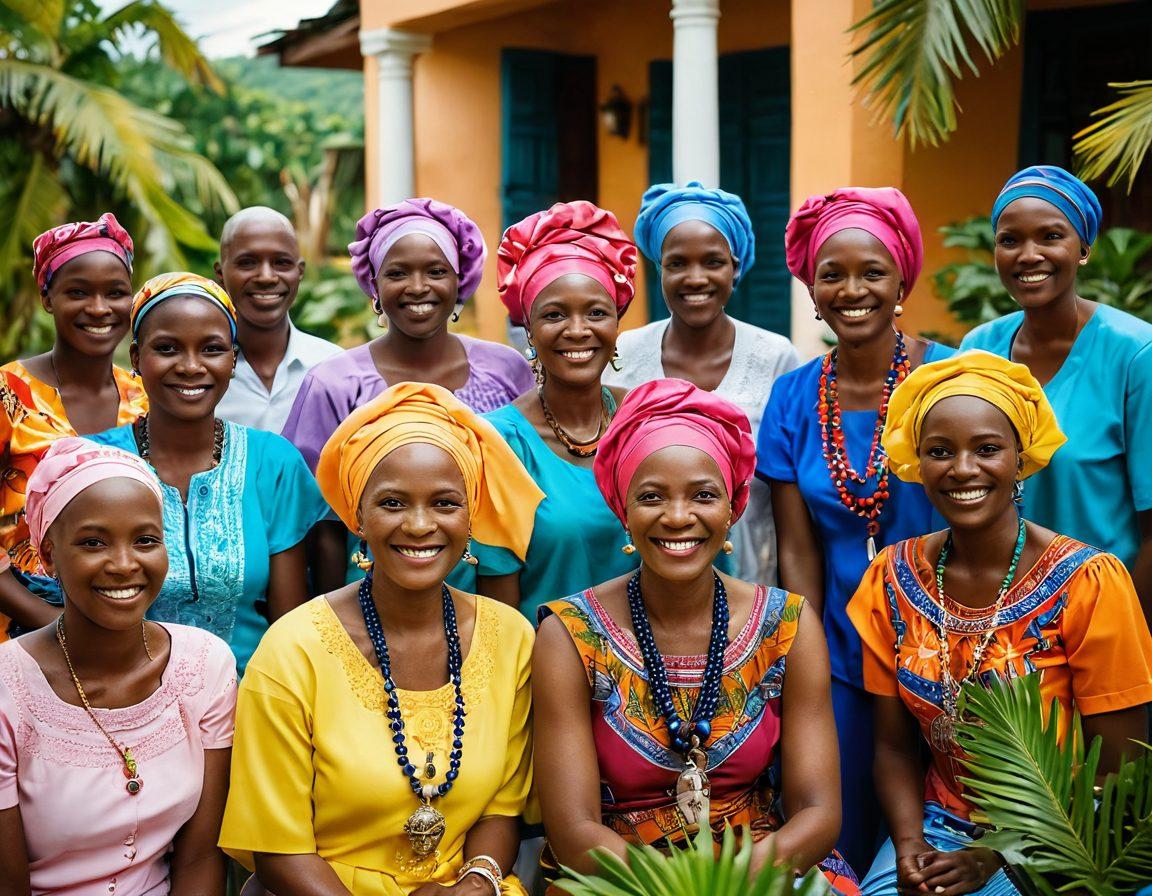 A vibrant gathering of cancer survivors in a warm Haitian community setting, showcasing colorful traditional attire, smiling faces, and hands joined in solidarity. The background features lush tropical plants and local architecture, symbolizing hope and resilience. Include elements representing advocacy and support, like banners and informational brochures. super-realistic. vibrant colors. 3D.